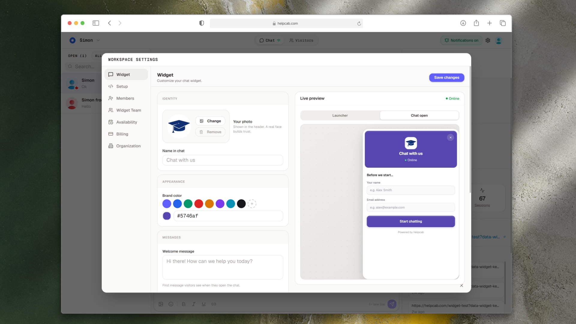 The chat widget, live on your site